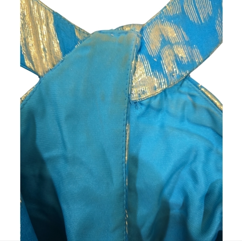 Aidan Mattox Foil Halter Neck Maxi Gown 6 Silk Metallic Blue With Gold Foil - Picture 8 of 8